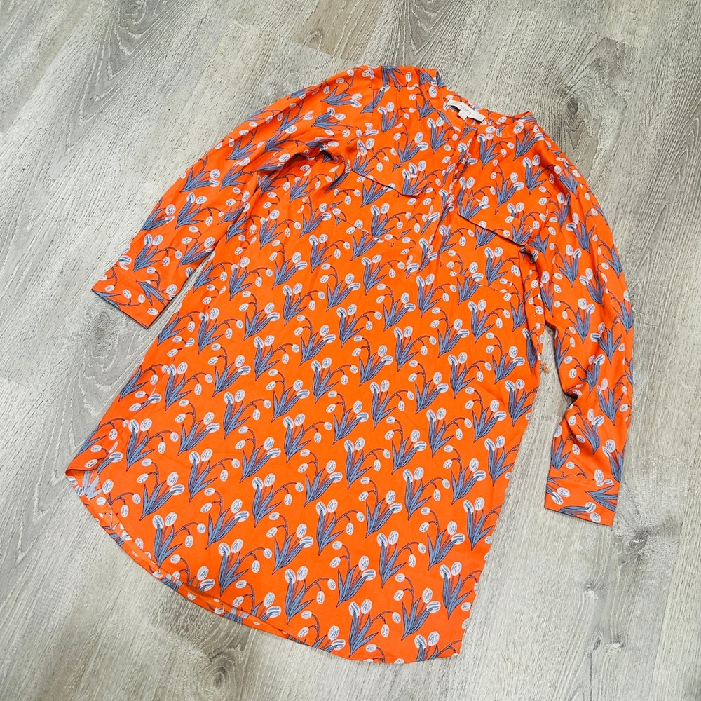 Loft Dress Petites XS Orange Floral Tulip Shirt Dress Long Sleeve Tie Waist XSP - Picture 9 of 16